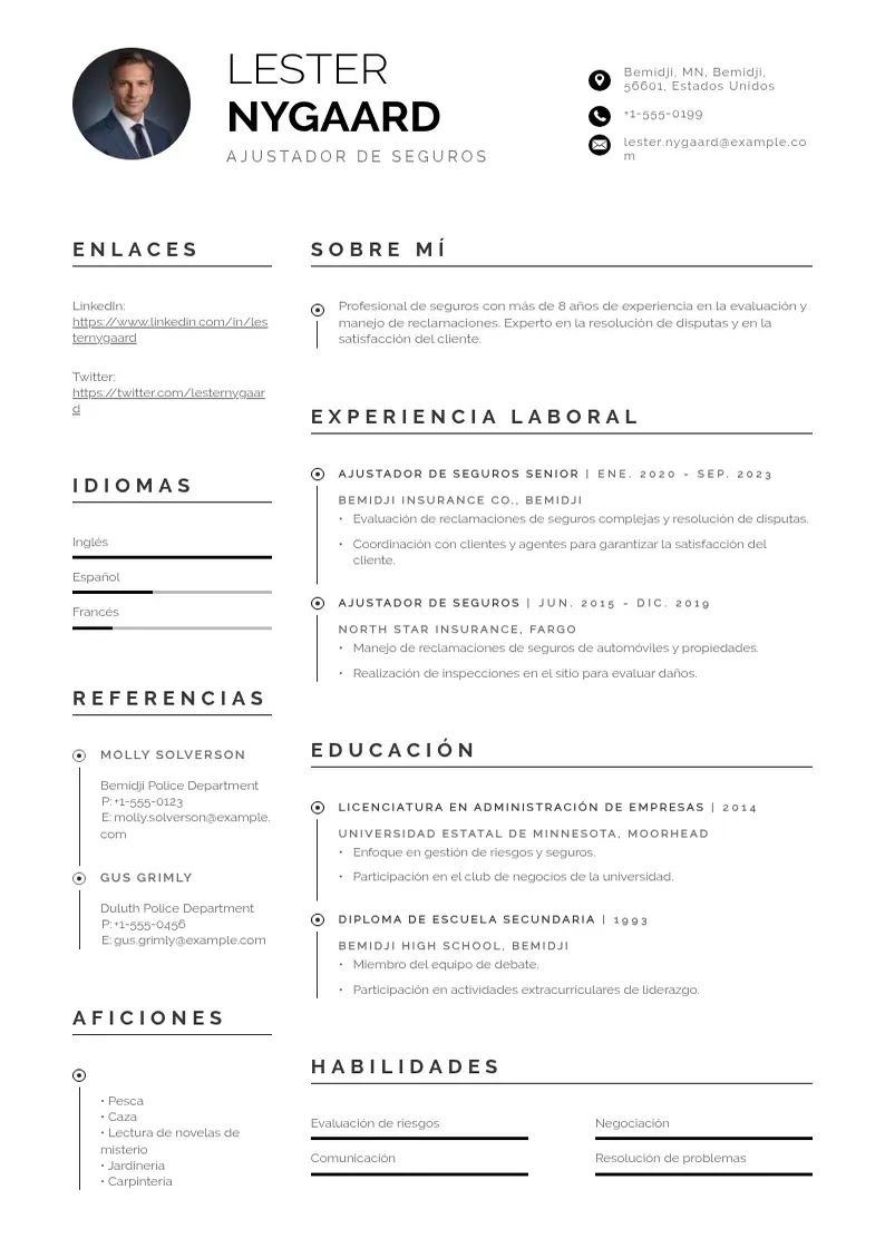 two column cv-ajustador-de-seguros resume example