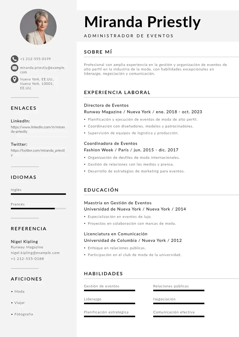 two column cv-administrador-de-evento resume example