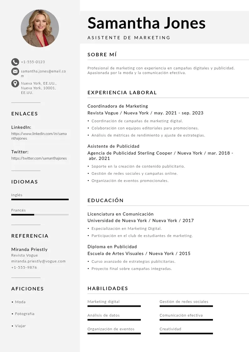 two column asistente-de-marketing resume example