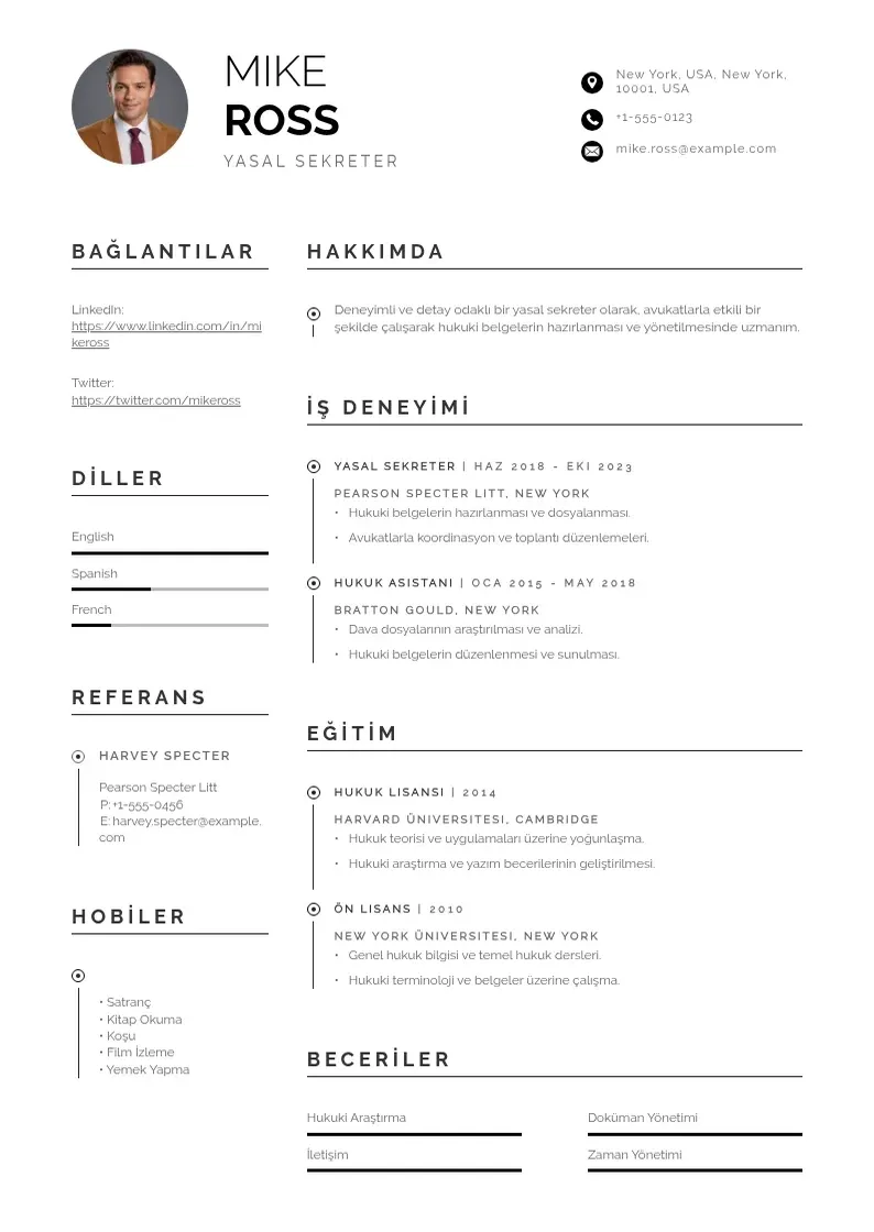 Profesionāla Yasal sekreter  CV veidne