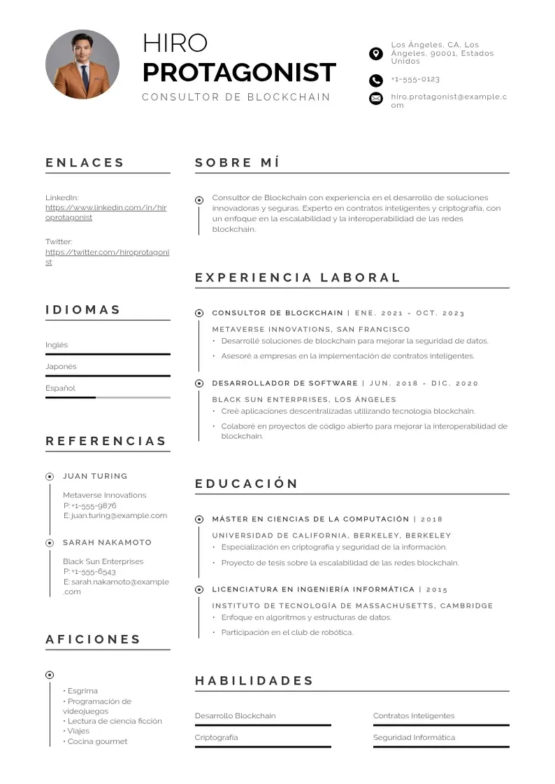 two column consultor-de-blockchain resume example