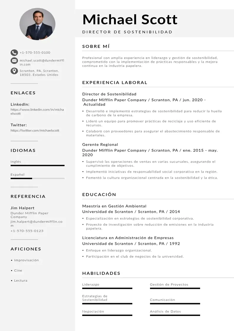 two column director-de-sostenibilidad resume example