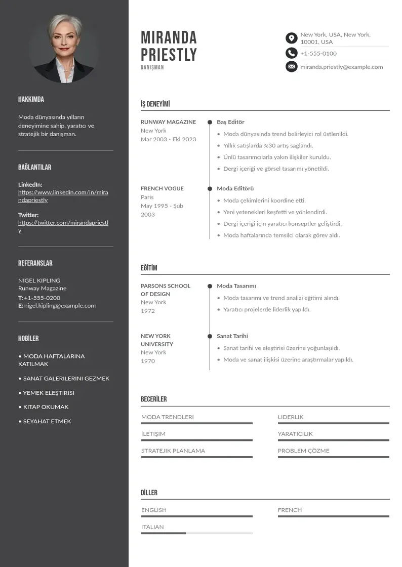 Divu kolonnu Danisman ozgecmis CV piemērs