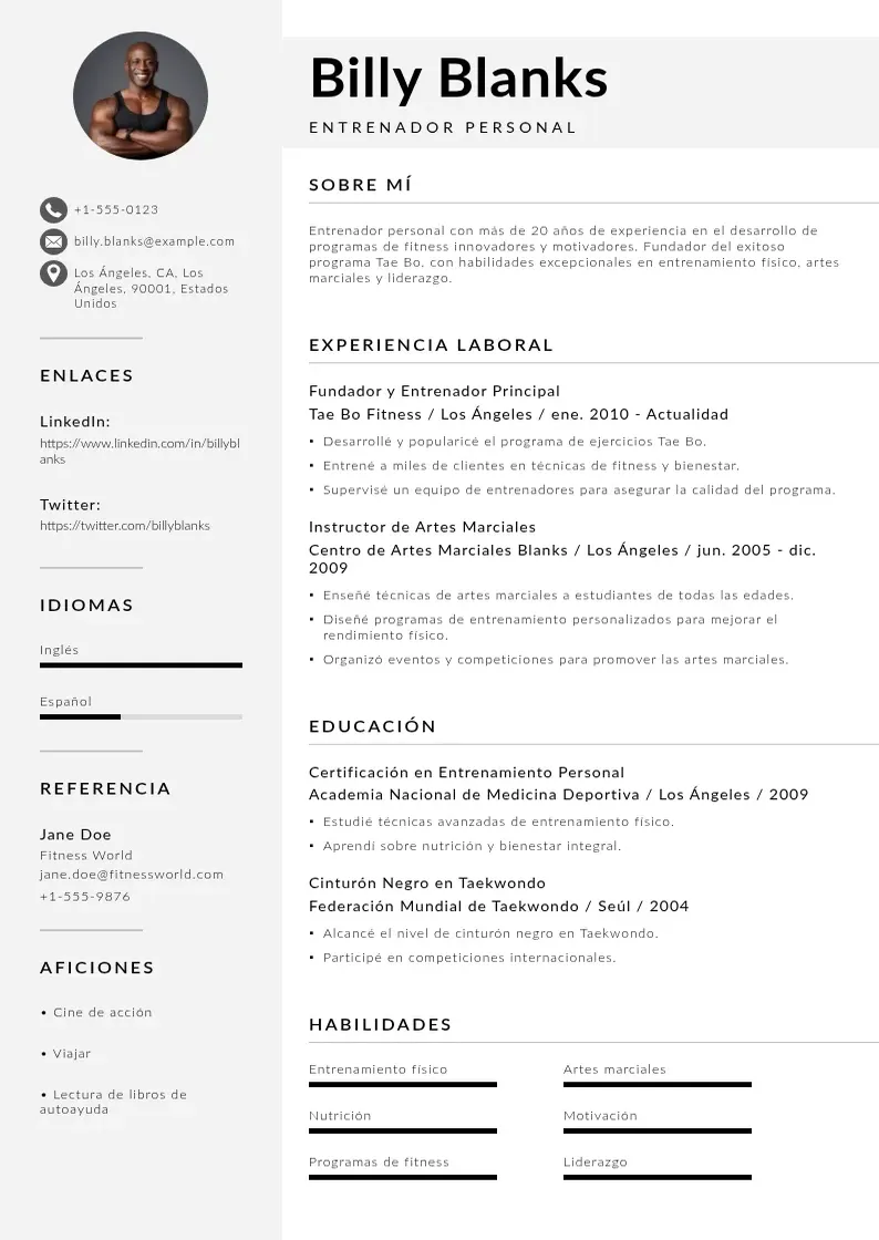 two column cv-entrenador-personal resume example