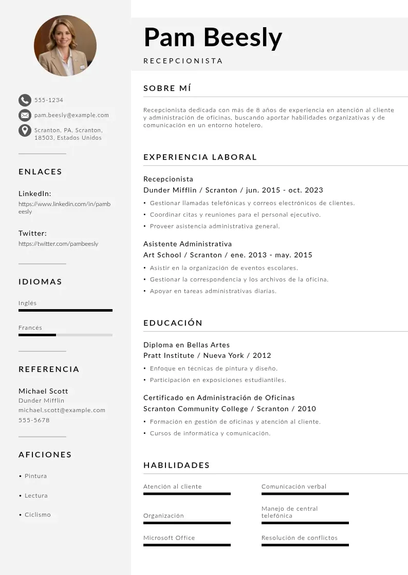 two column curriculum-de-recepcionista-de-hotel resume example