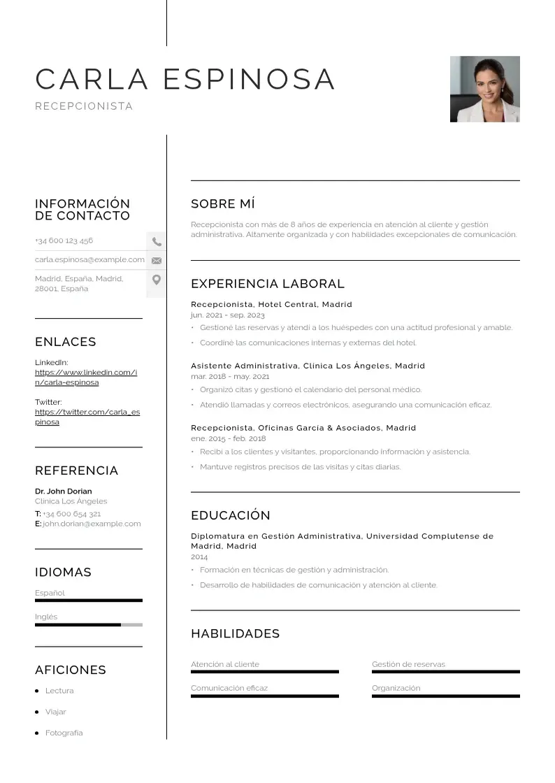 two column curriculum-de-recepcionista resume example