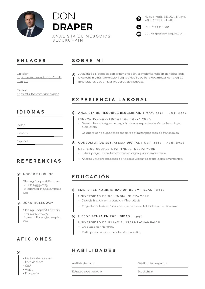 two column analista-de-negocios-blockchain resume example