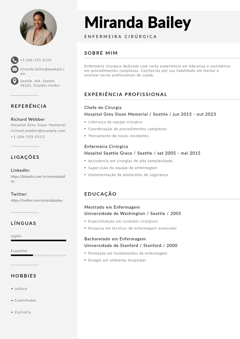 Modelo de currículo moderno de De enfermeira cirurgica