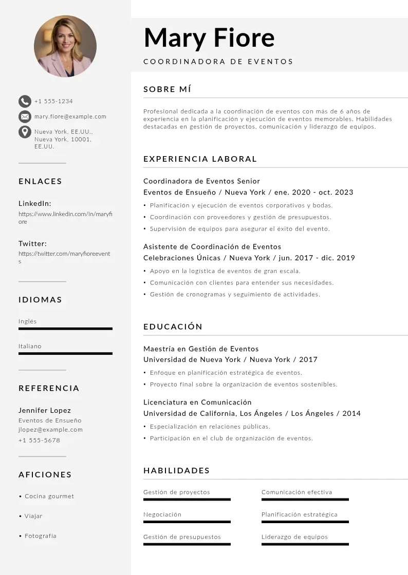 two column cv-coordinadora-de-eventos resume example