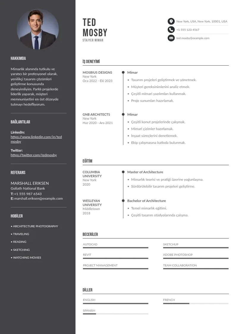 Divu kolonnu Stajyer Mimar  CV piemērs