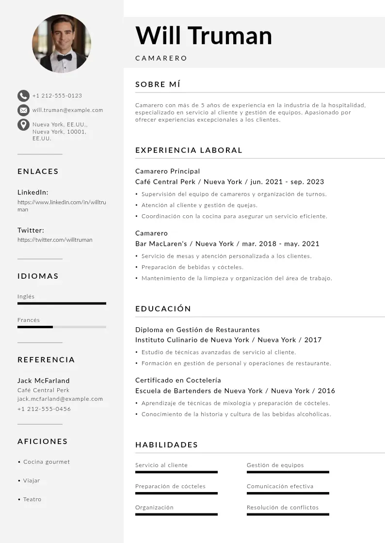 two column curriculum-de-camarero resume example