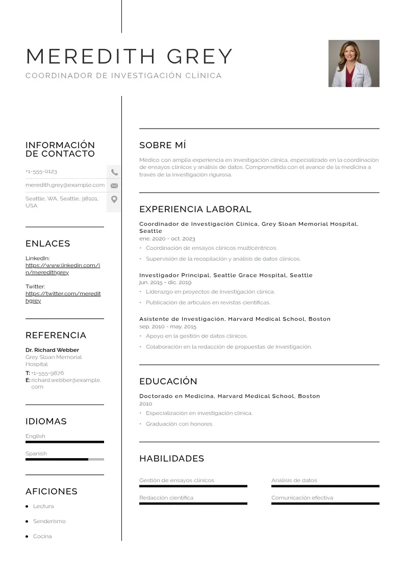 two column cv-coordinador-de-investigacion-clinica resume example
