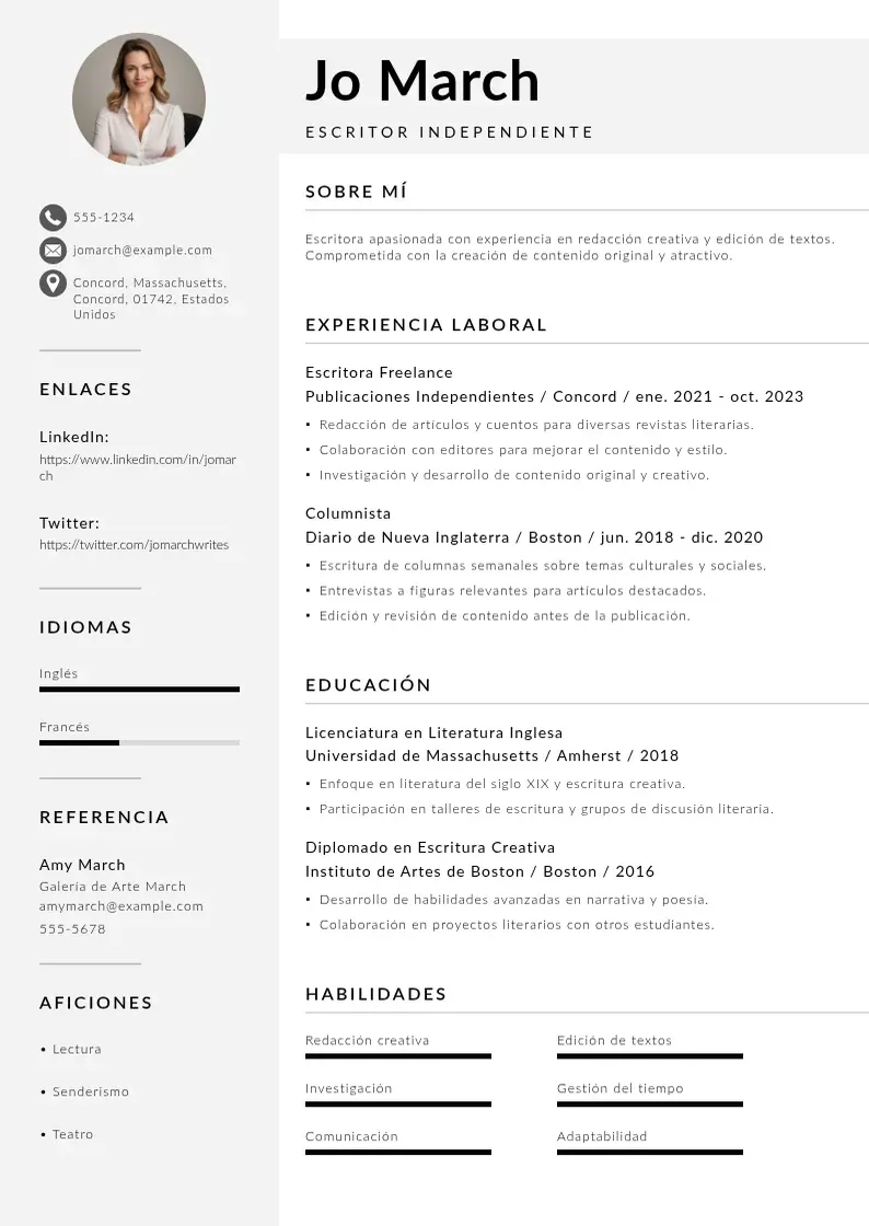 two column cv-escritor-independiente resume example