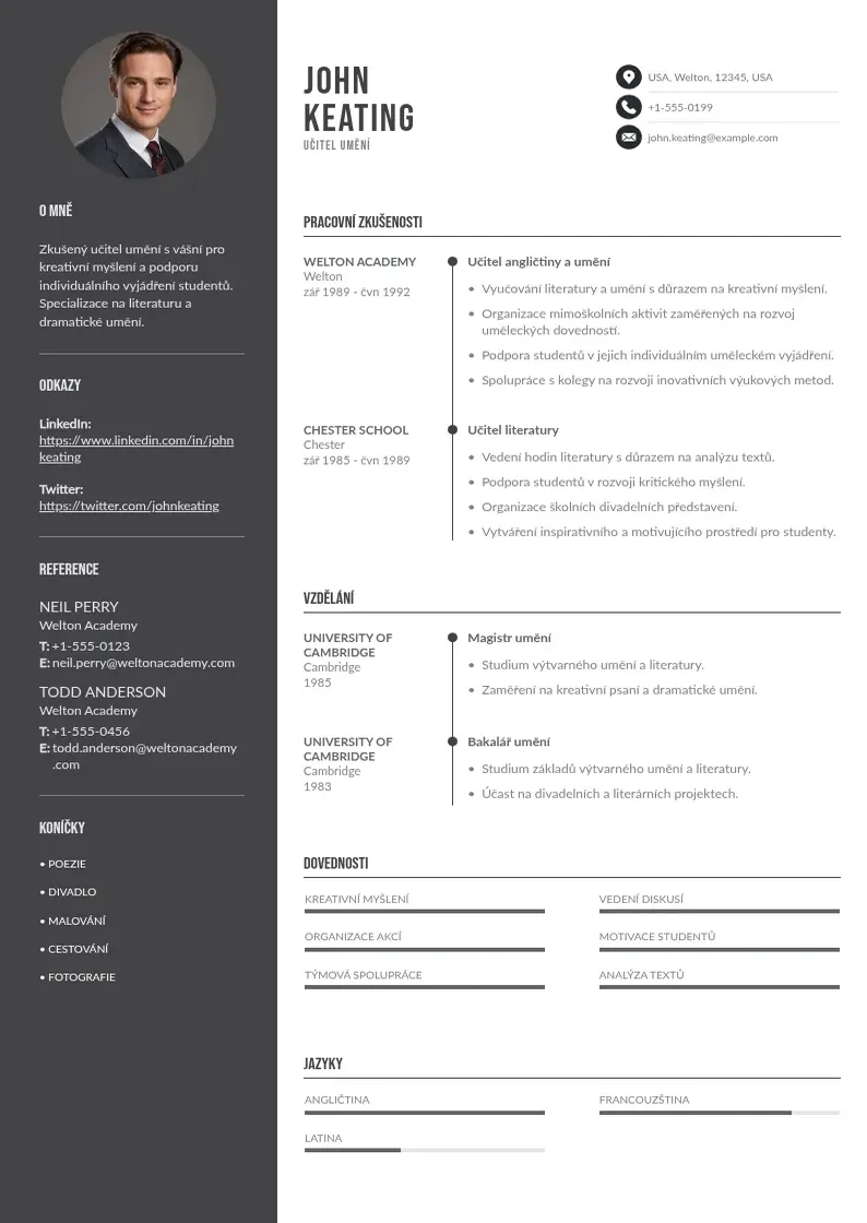 Divu kolonnu Ucitel umeni zivotopis CV piemērs