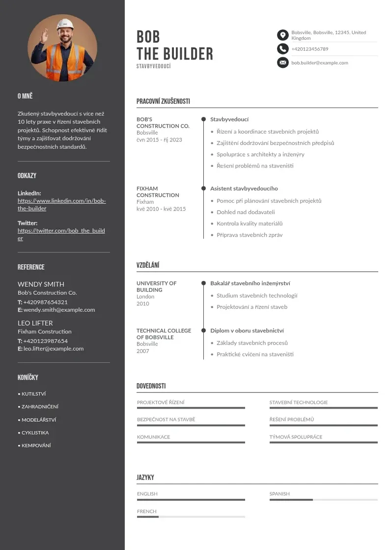 Divu kolonnu Stavbyvedouci zivotopis CV piemērs