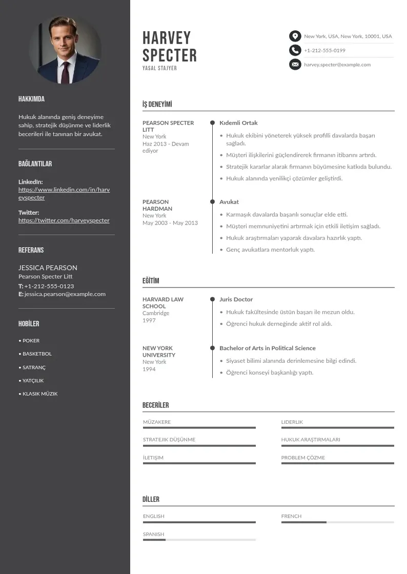 Divu kolonnu Yasal stajyer  CV piemērs