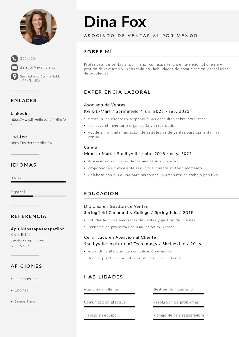two column cv-asociado-ventas-al-por-menor resume example