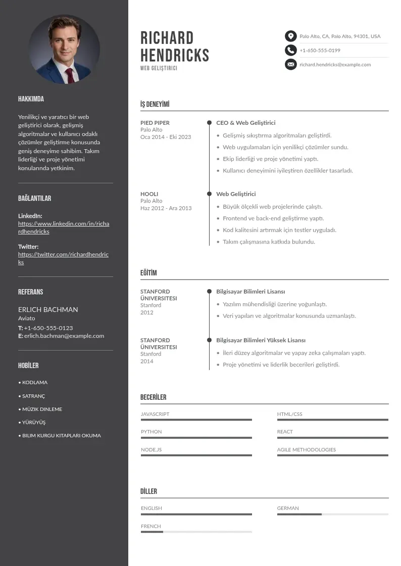 Divu kolonnu Web gelistirici CV piemērs