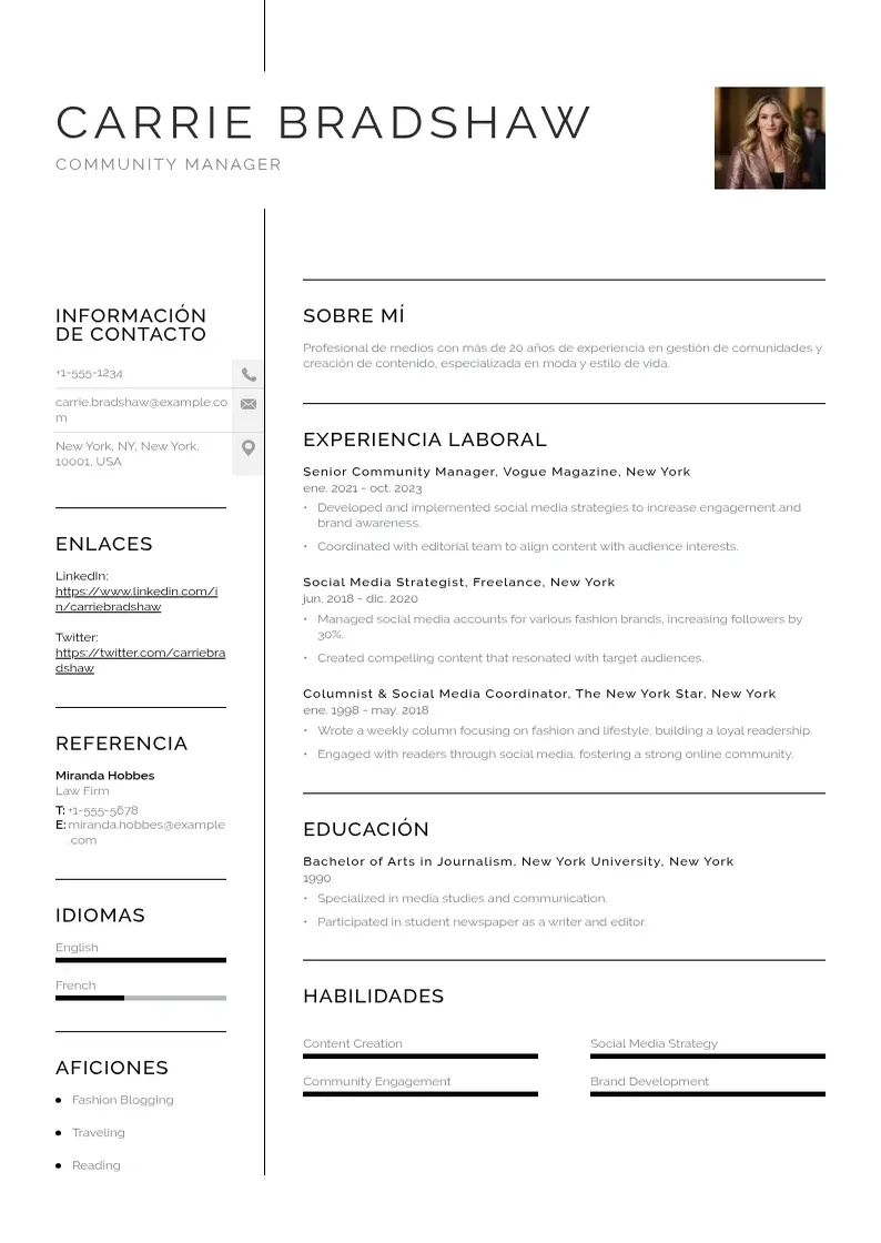two column curriculum-de-community-manager resume example