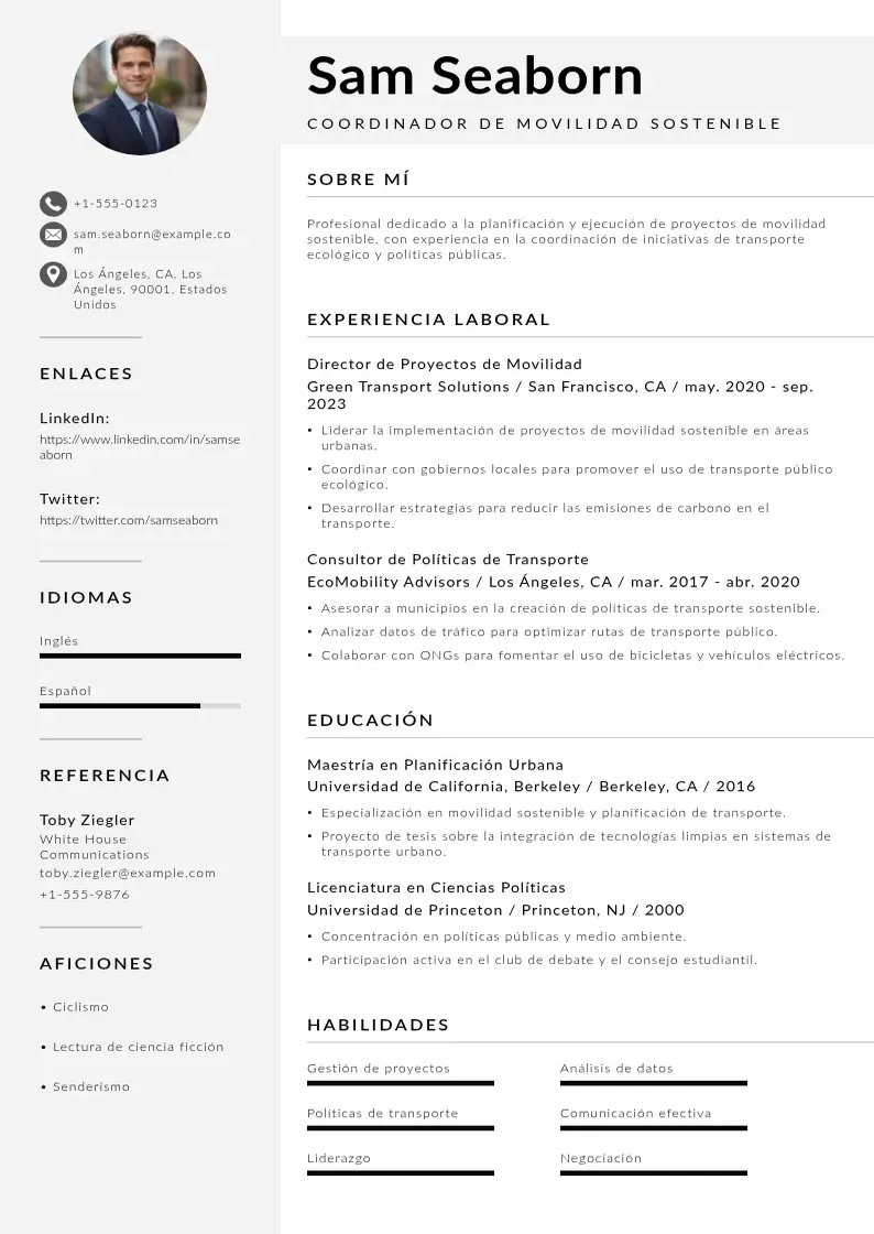 two column coordinador-de-movilidad-sostenible resume example