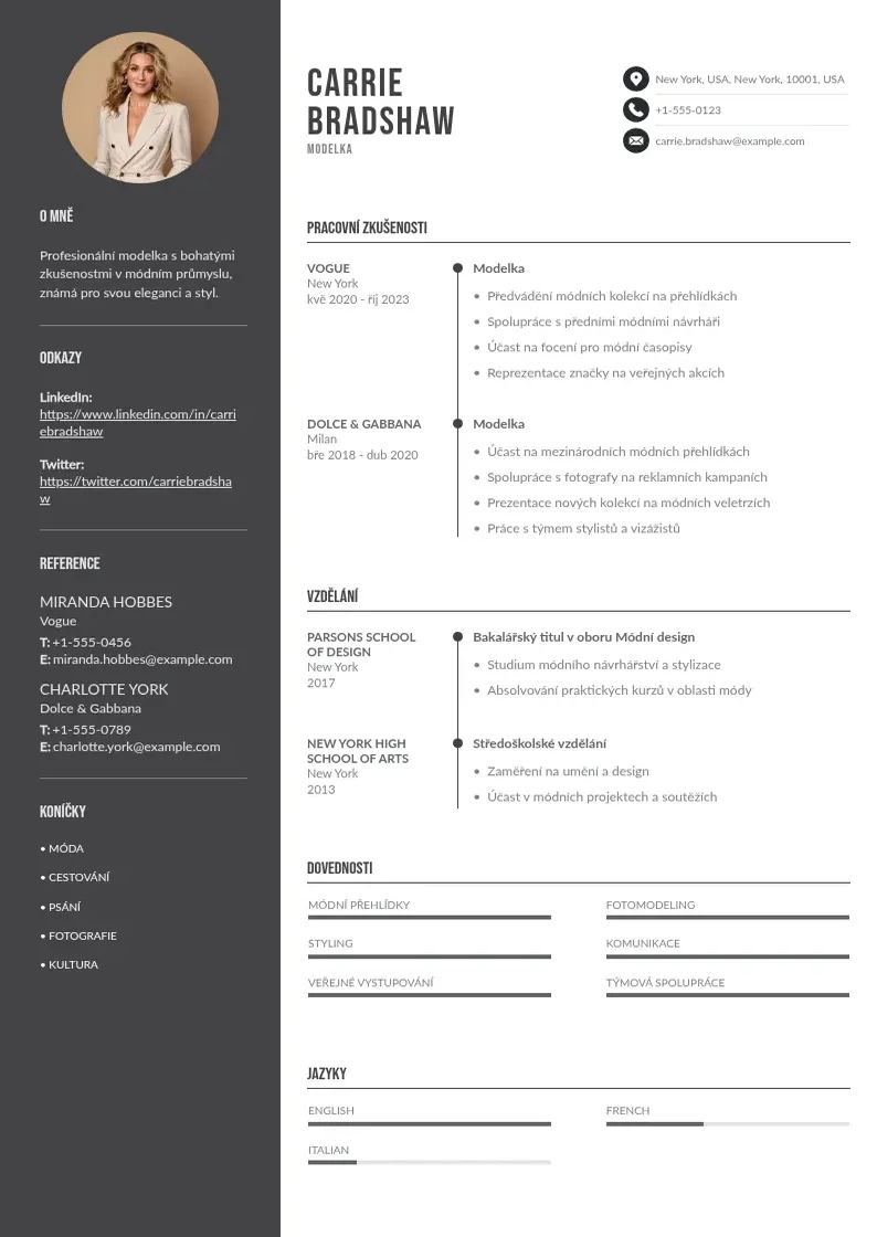 Divu kolonnu Modelka zivotopis CV piemērs