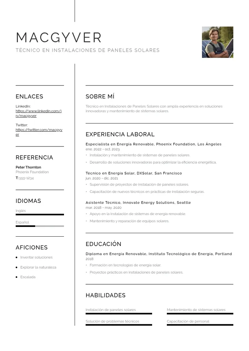 two column tecnico-en-instalaciones-de-paneles-solares resume example