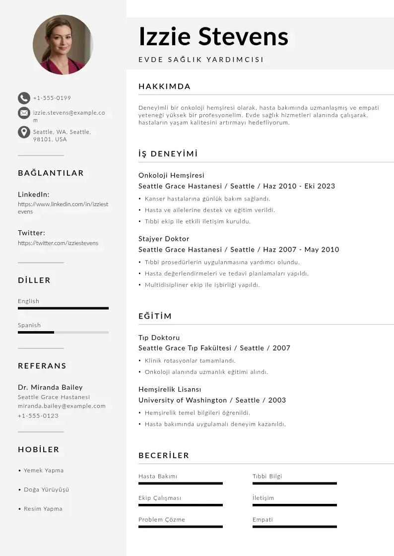 Mūsdienīga Evde Sağlık Yardımcısı  CV veidne