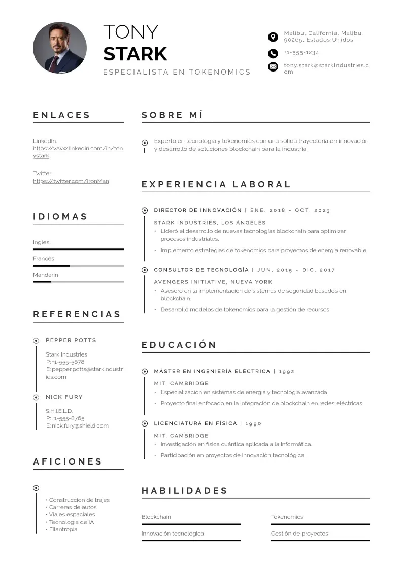 two column especialista-en-tokenomics resume example