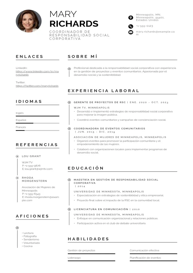 two column coordinador-de-responsabilidad-social-corporativa resume example
