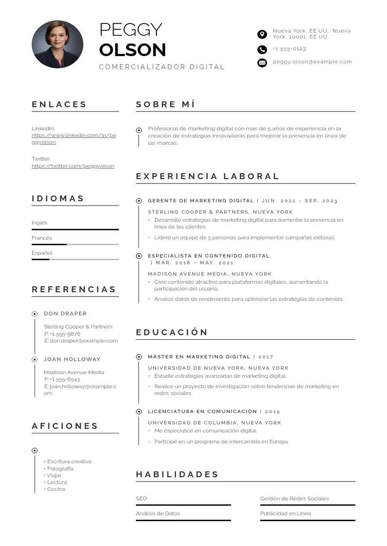 two column cv-comercializador-digital resume example
