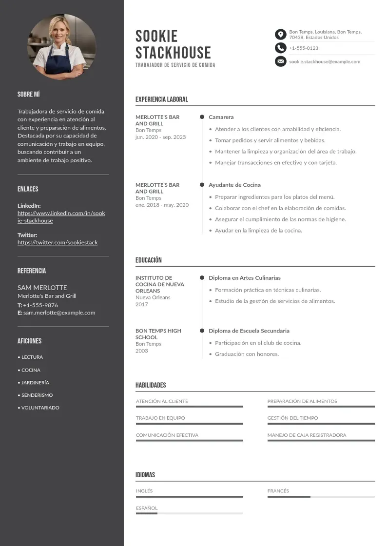 two column cv-trabajador-de-servicio-de-comida resume example