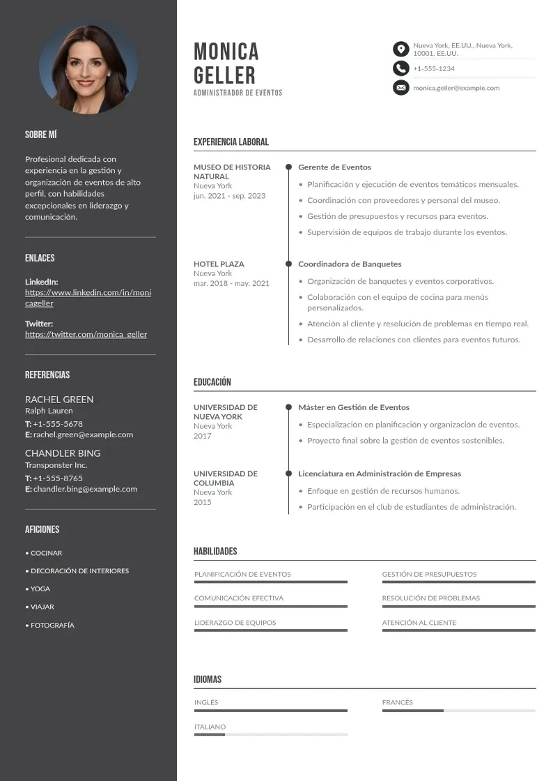 two column cv-administrador-de-evento resume example