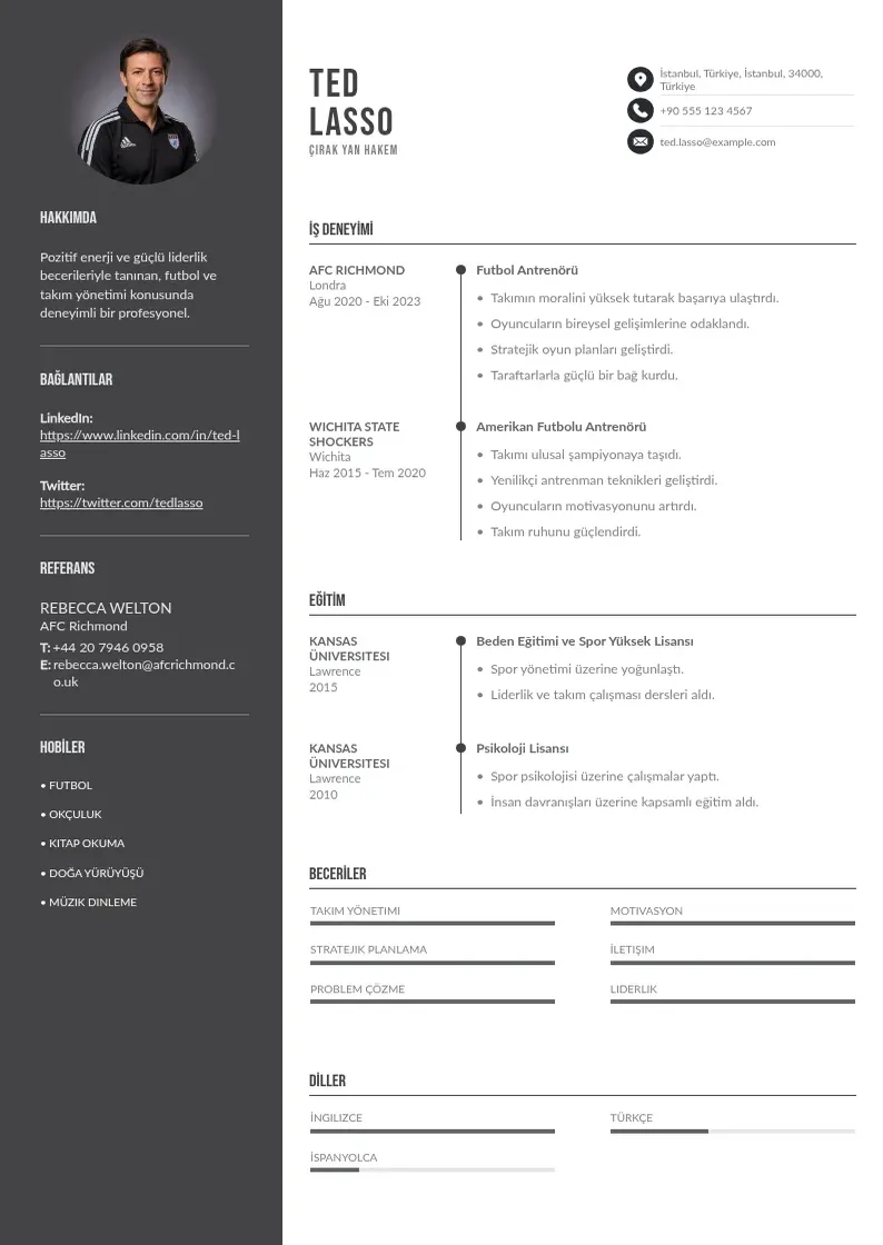 Divu kolonnu Çırak Yan hakem  CV piemērs