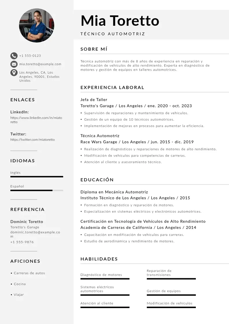 two column cv-tecnico-automotriz resume example