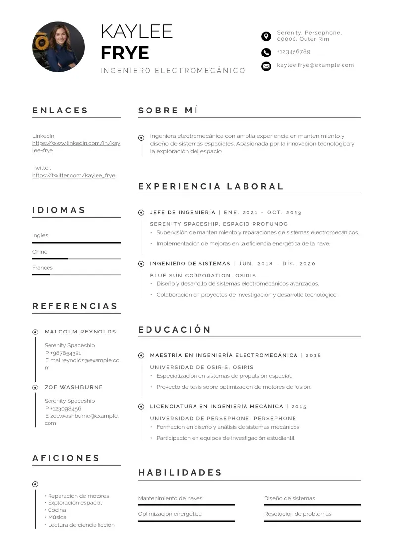 two column ingeniero-electromecanico resume example