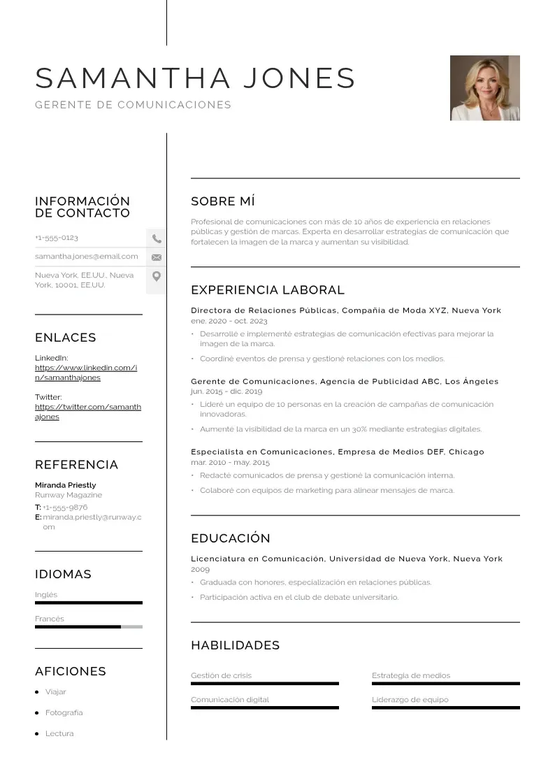 two column gerente-de-comunicaciones resume example