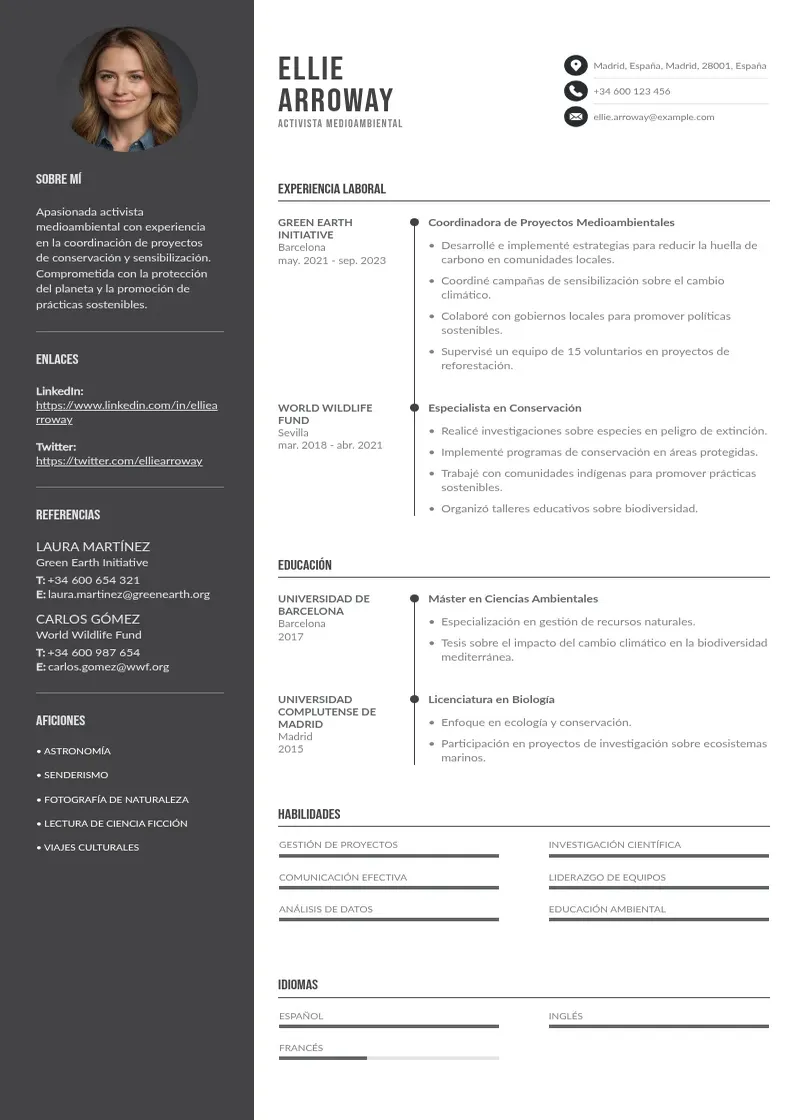 two column activista-medioambiental resume example