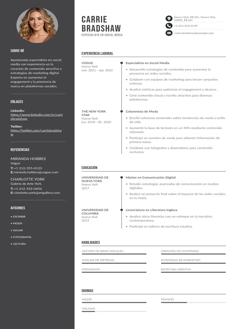 two column especialista-en-social-media resume example