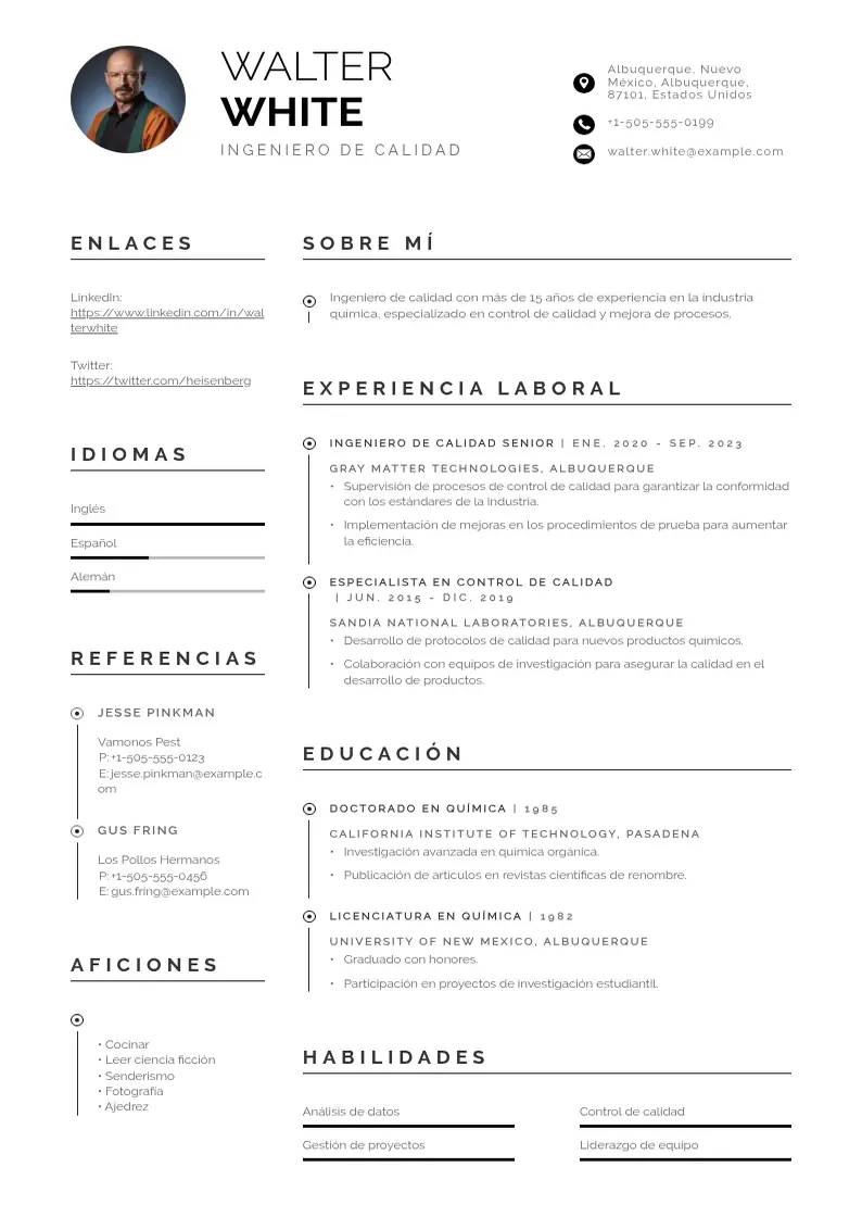 two column cv-ingeniero-de-calidad resume example