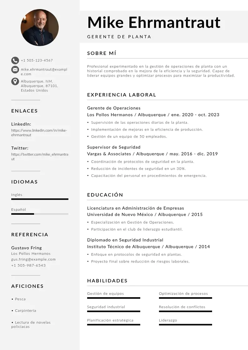 two column gerente-de-la-planta resume example