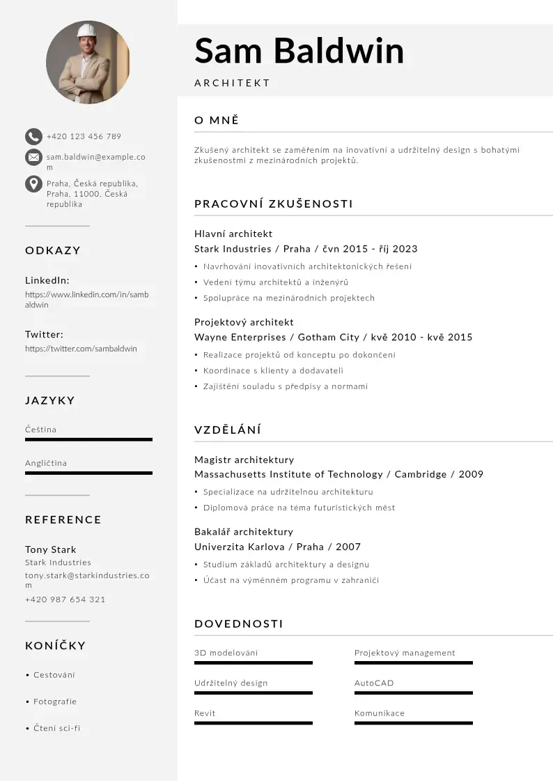 Mūsdienīga Zivotopisu architekta CV veidne