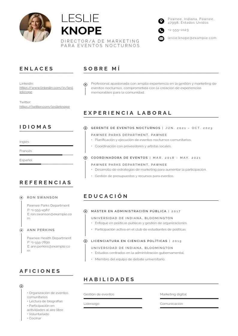 two column directora-de-marketing-para-eventos-nocturnos resume example