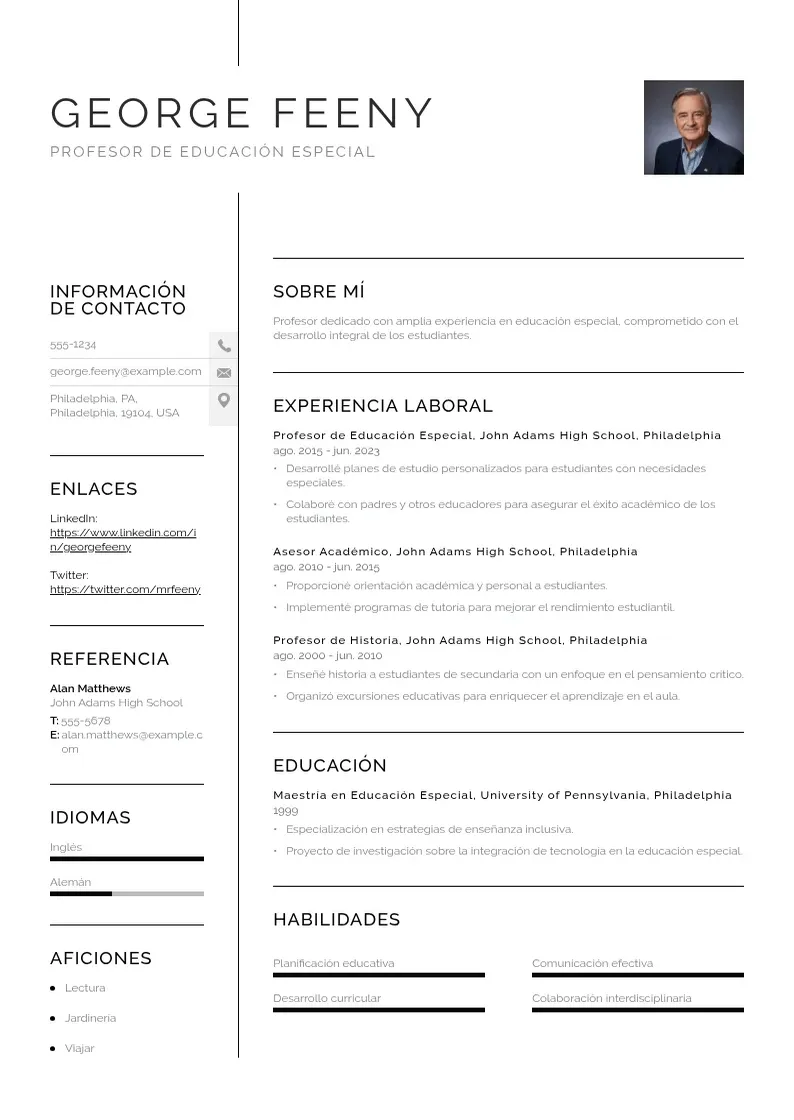two column cv-profesor-de-educacion-especial resume example