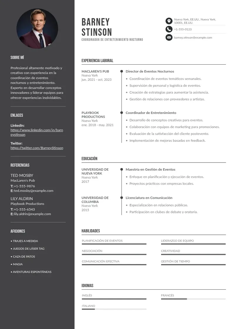 two column coordinadora-de-entretenimiento-nocturno resume example