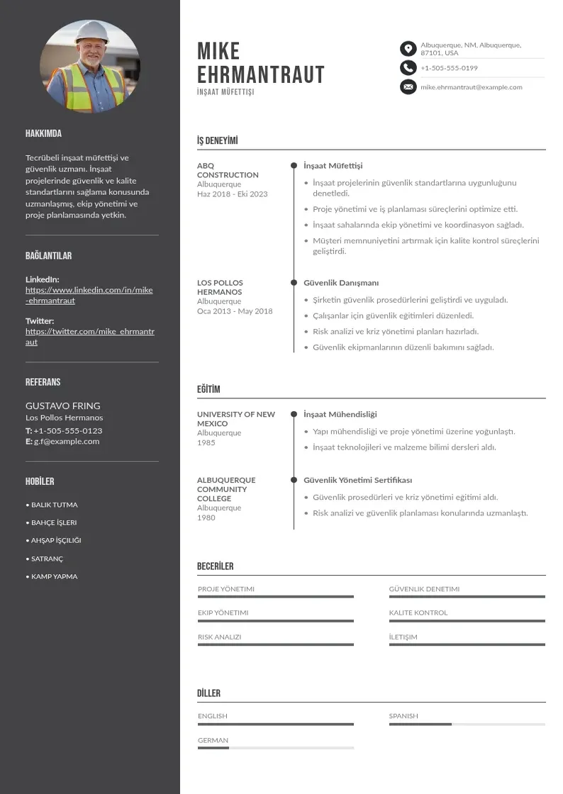 Divu kolonnu İnşaat müfettişi  CV piemērs