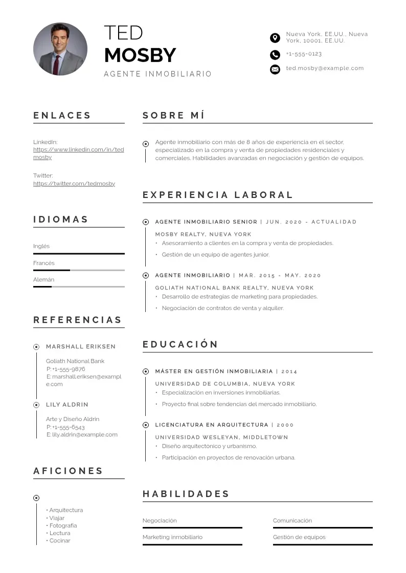 two column curriculum-vitae-de-agente-inmobiliario resume example