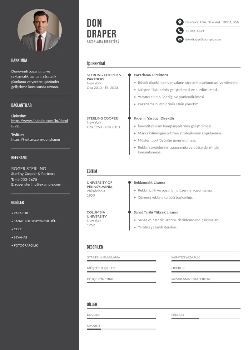 Divu kolonnu Pazarlama Direktörü  CV piemērs