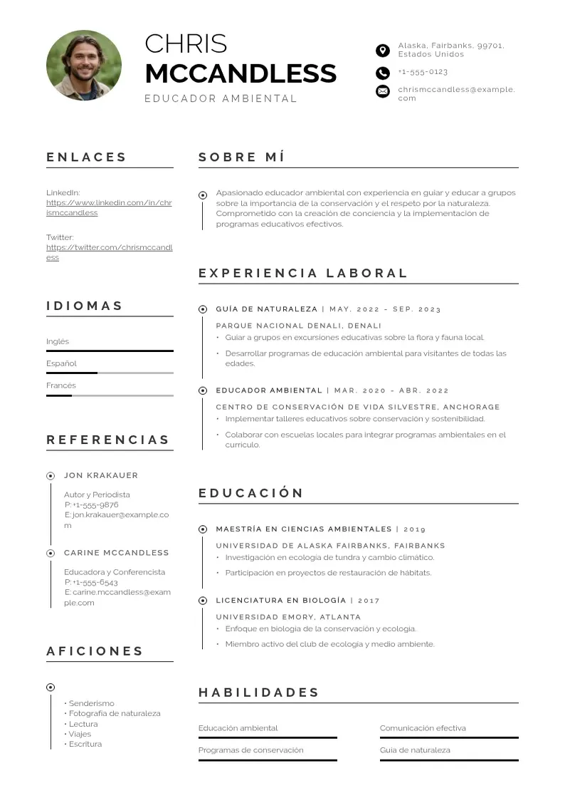 two column educador-ambiental resume example