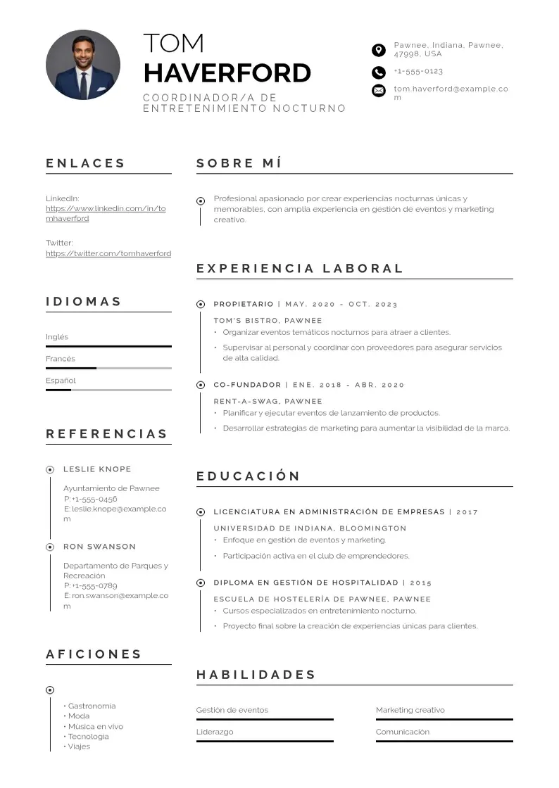 two column coordinadora-de-entretenimiento-nocturno resume example