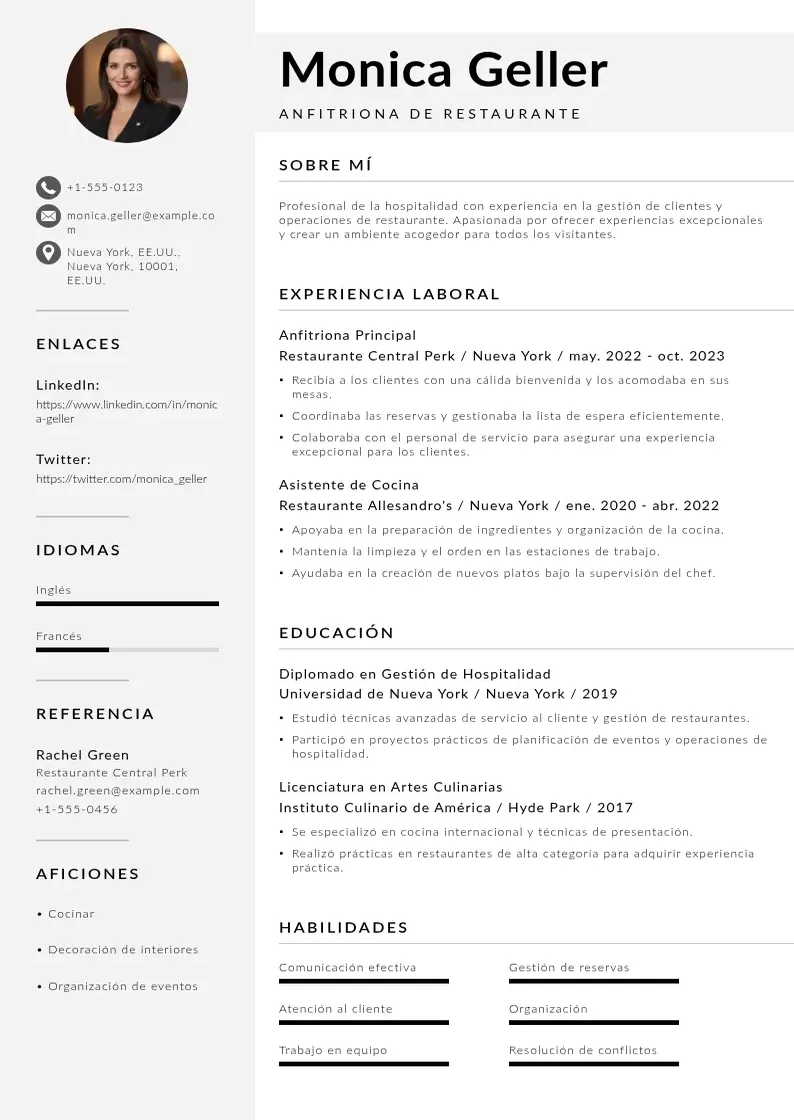 two column cv-anfitriona-de-restaurante resume example